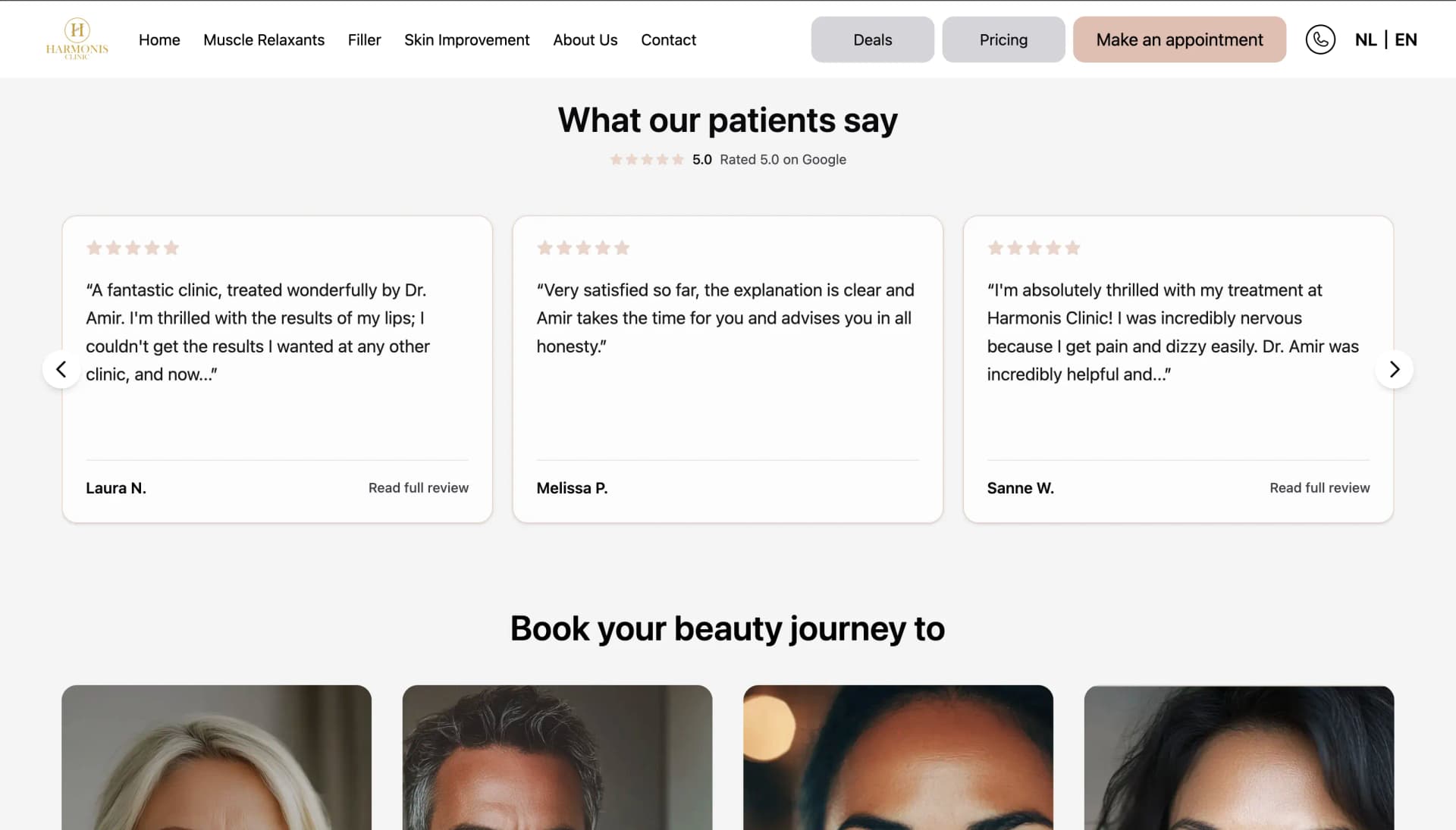 Harmonis Clinic website showing patient reviews and trust signals