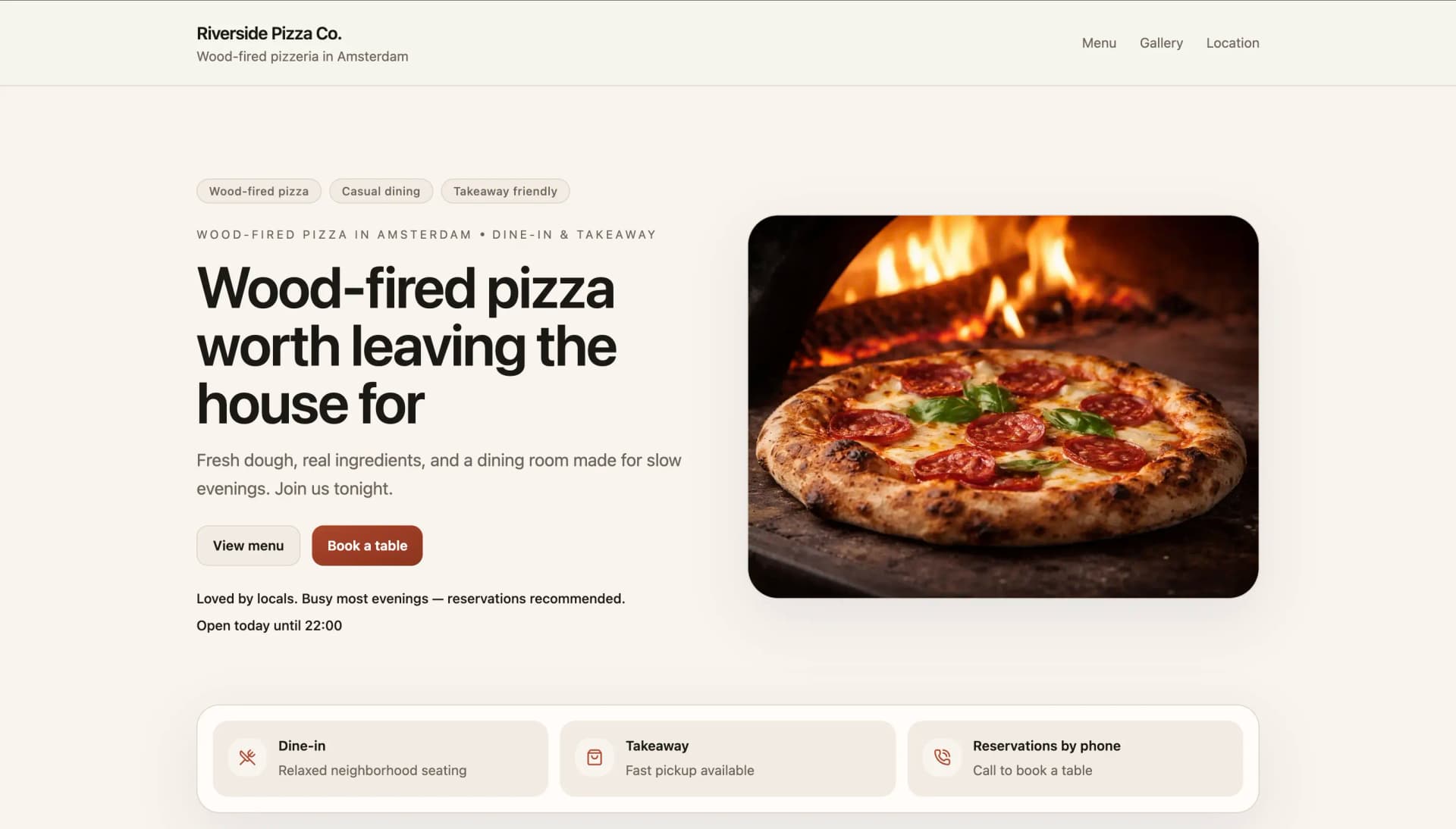 Riverside Pizza Co. website concept hero section